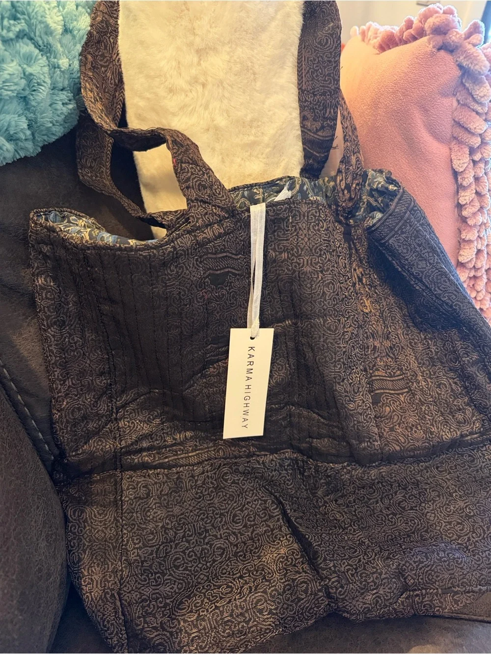 Karma Highway Quilted Paisley-Print Shoulder Tote in Brown/Black